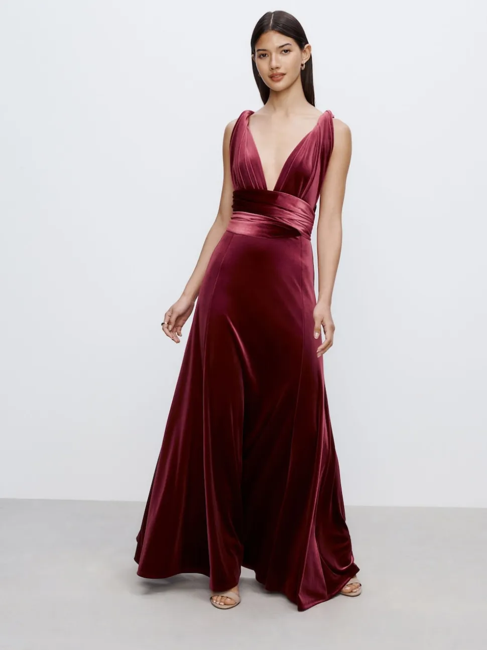 Rouge baie - Robe longue de demoiselle d'honneur multicolore en velours