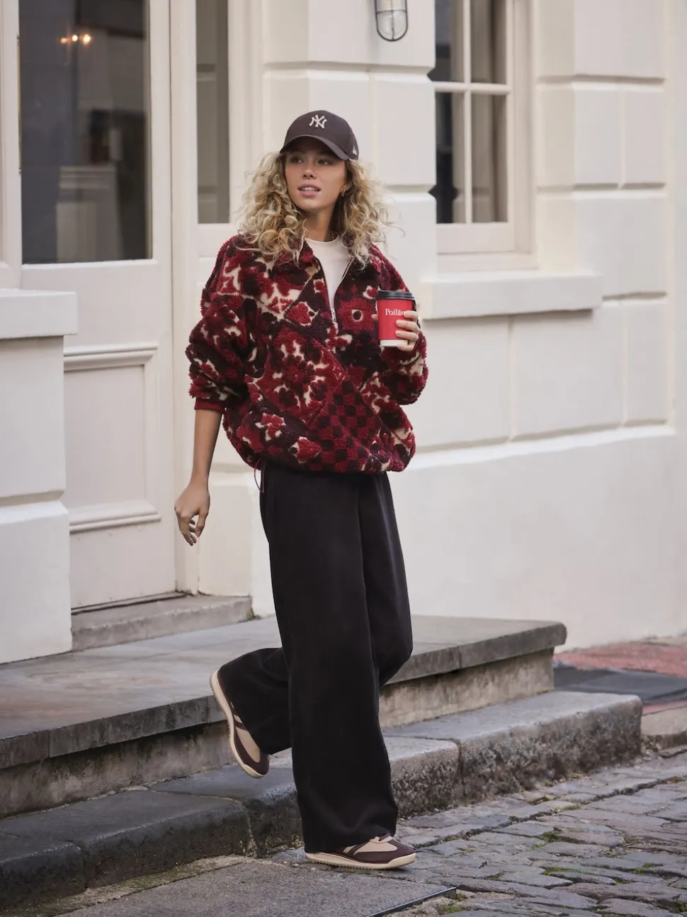 Rouge bordeaux à fleurs - Sweat-shirt en polaire jacquard Teddy Borg à quart de zip