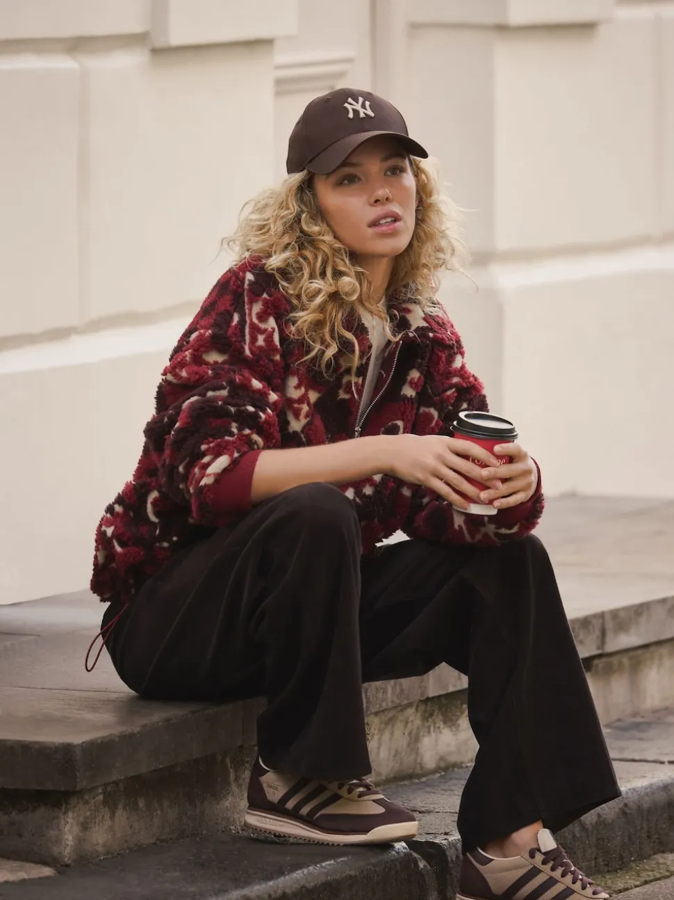 Rouge bordeaux à fleurs - Sweat-shirt en polaire jacquard Teddy Borg à quart de zip
