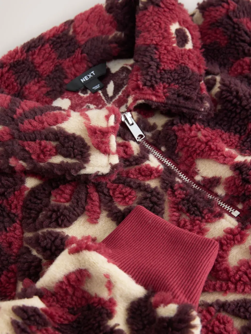 Rouge bordeaux à fleurs - Sweat-shirt en polaire jacquard Teddy Borg à quart de zip