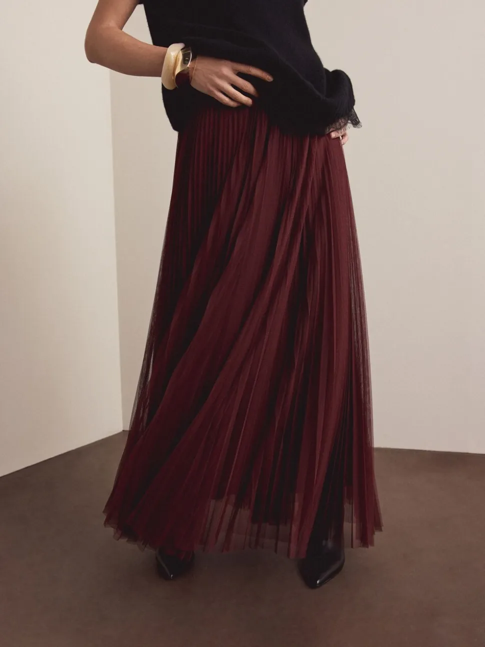 Rouge bordeaux - Jupe longue plissée maxi en tulle