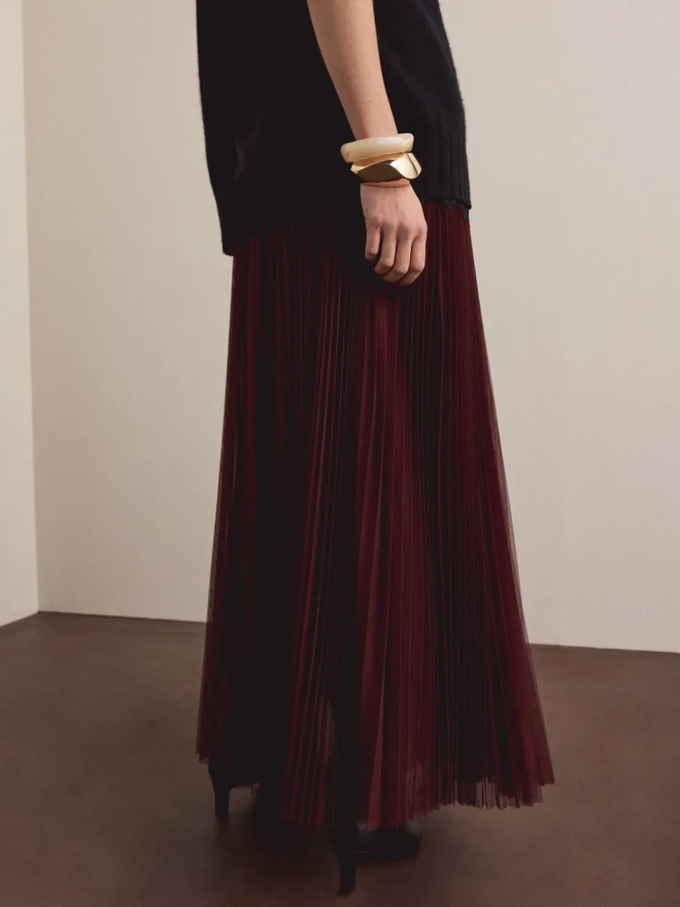 Rouge bordeaux - Jupe longue plissée maxi en tulle
