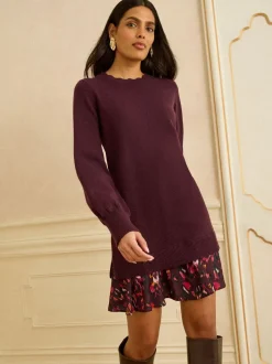 Rouge bordeaux - Love & Roses mini-robe en maille à jupe tissée