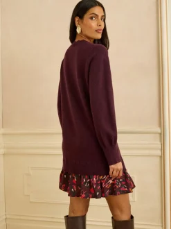 Rouge bordeaux - Love & Roses mini-robe en maille à jupe tissée