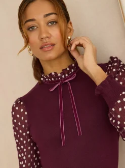 Rouge bordeaux - Love & Roses Robe courte en maille à manches et col volantés