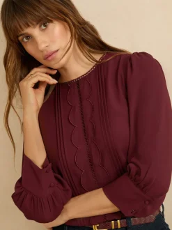 Rouge bordeaux - Love & Roses Chemisier à manches festonnées 3/4