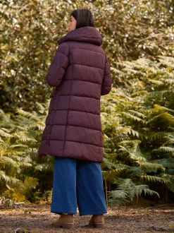Rouge bordeaux - Manteau long matelassé à capuche résistant à la douche