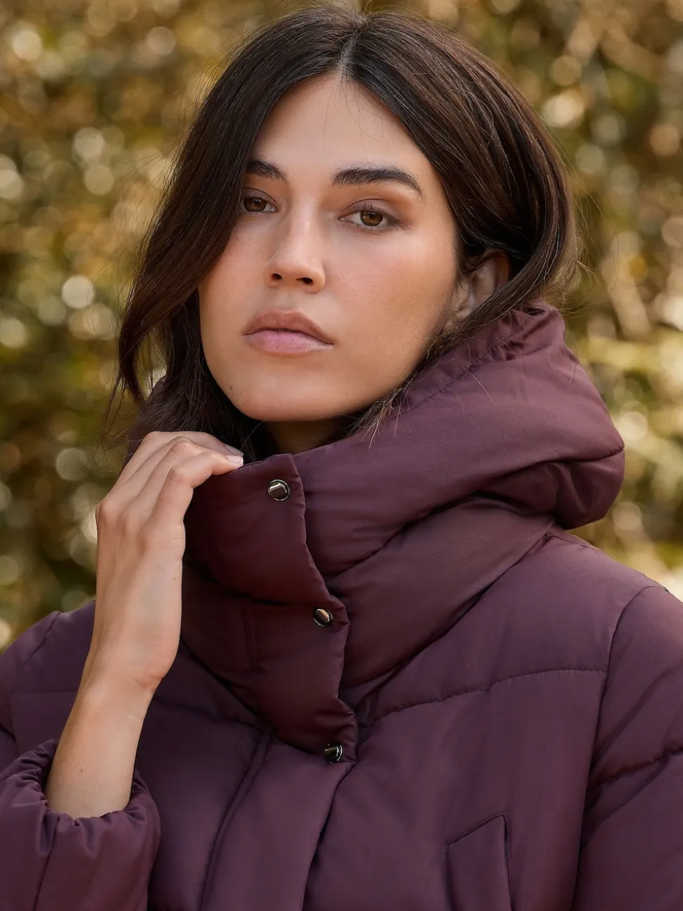 Rouge bordeaux - Manteau long matelassé à capuche résistant à la douche