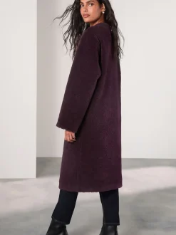 Rouge bordeaux - Manteau sans col en fausse fourrure