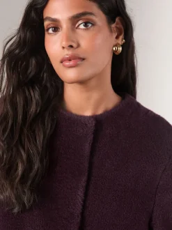 Rouge bordeaux - Manteau sans col en fausse fourrure