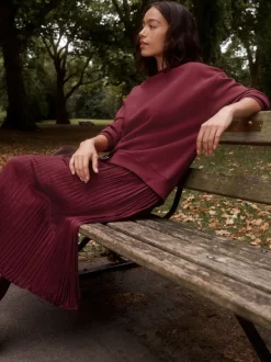Rouge bordeaux - Sweat-shirt 2en1 avec jupe mi-longue en satin