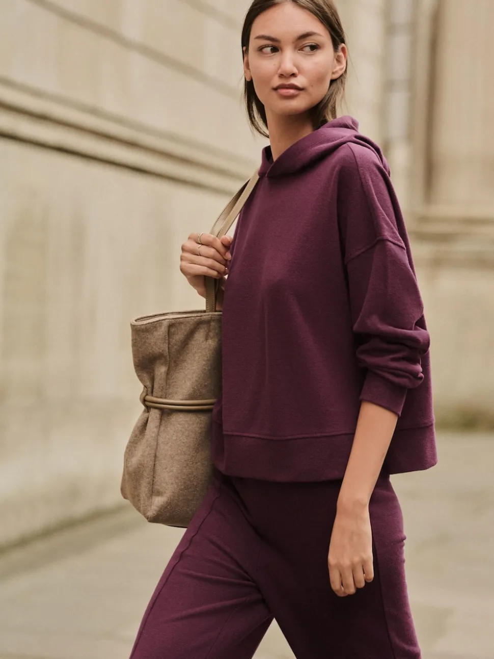 Rouge bordeaux - Sweat-shirt côtelé doux au toucher à capuche