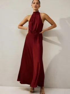 Rouge bordeaux - Texture Satin Licol Sans manches Mi-long Robe