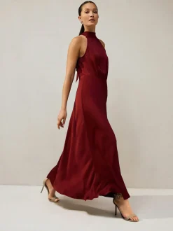 Rouge bordeaux - Texture Satin Licol Sans manches Mi-long Robe