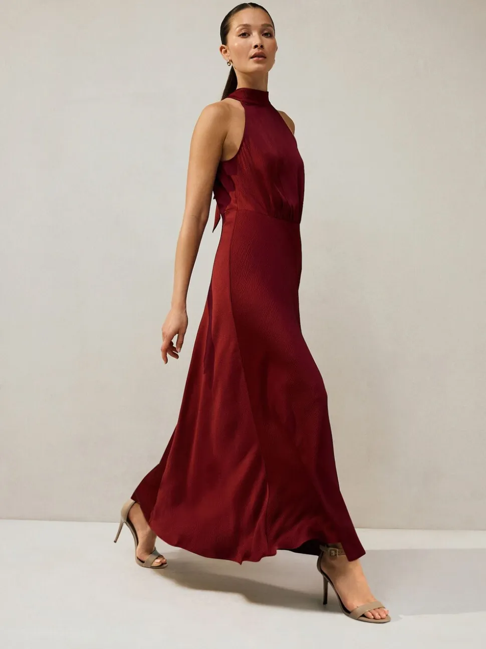 Rouge bordeaux - Texture Satin Licol Sans manches Mi-long Robe