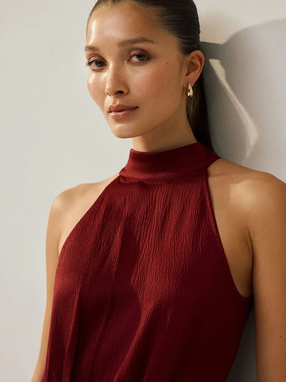 Rouge bordeaux - Texture Satin Licol Sans manches Mi-long Robe