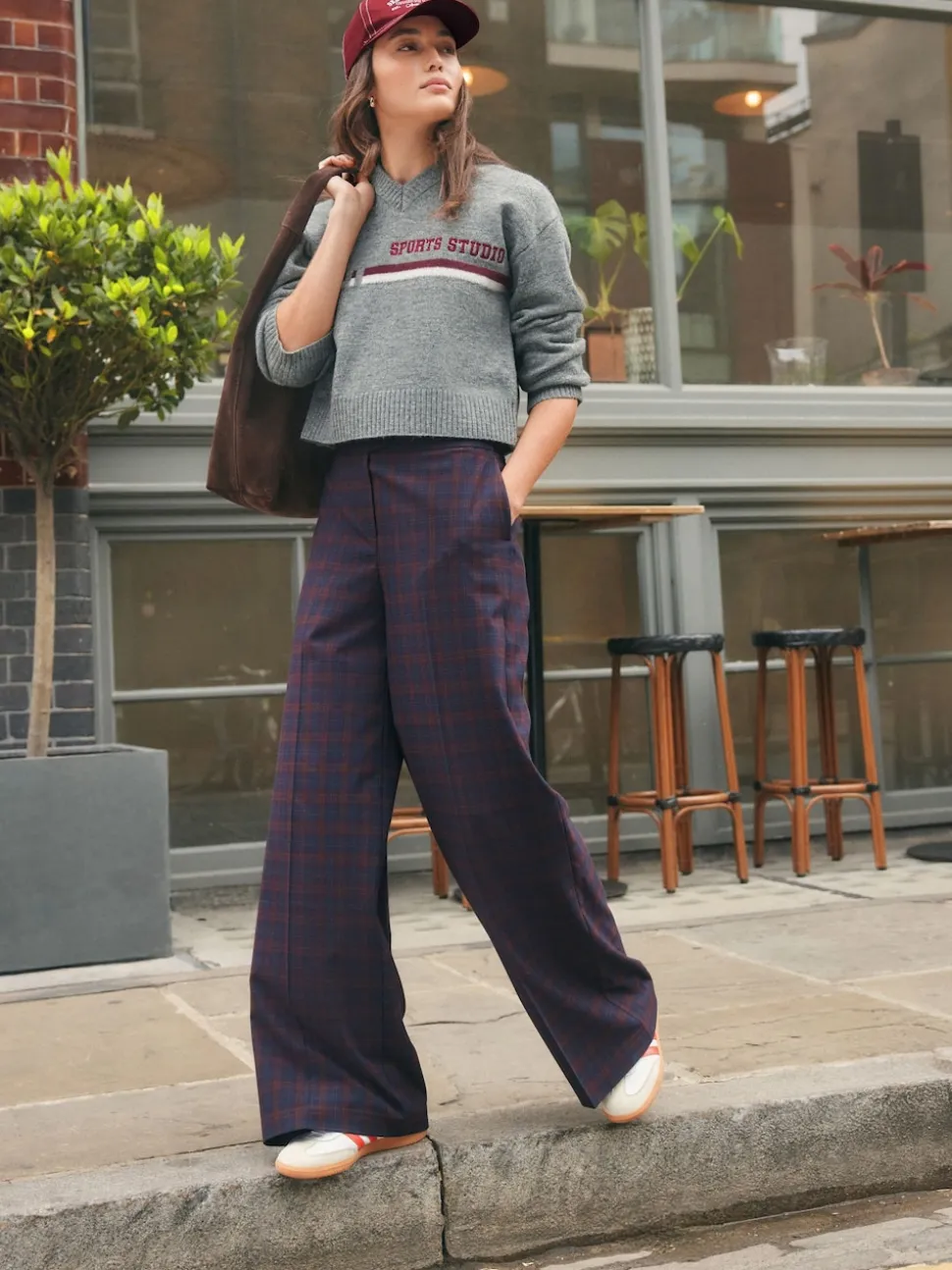Rouge Bordeaux/Bleu Marine À carreaux - Pantalons habillés coupe ample à carreaux