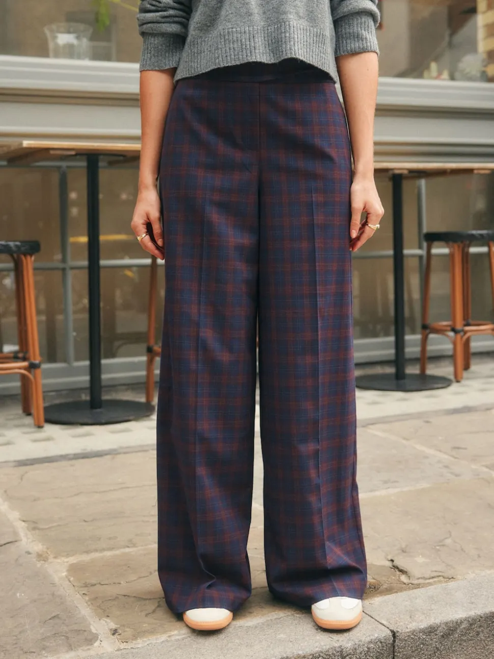 Rouge Bordeaux/Bleu Marine À carreaux - Pantalons habillés coupe ample à carreaux