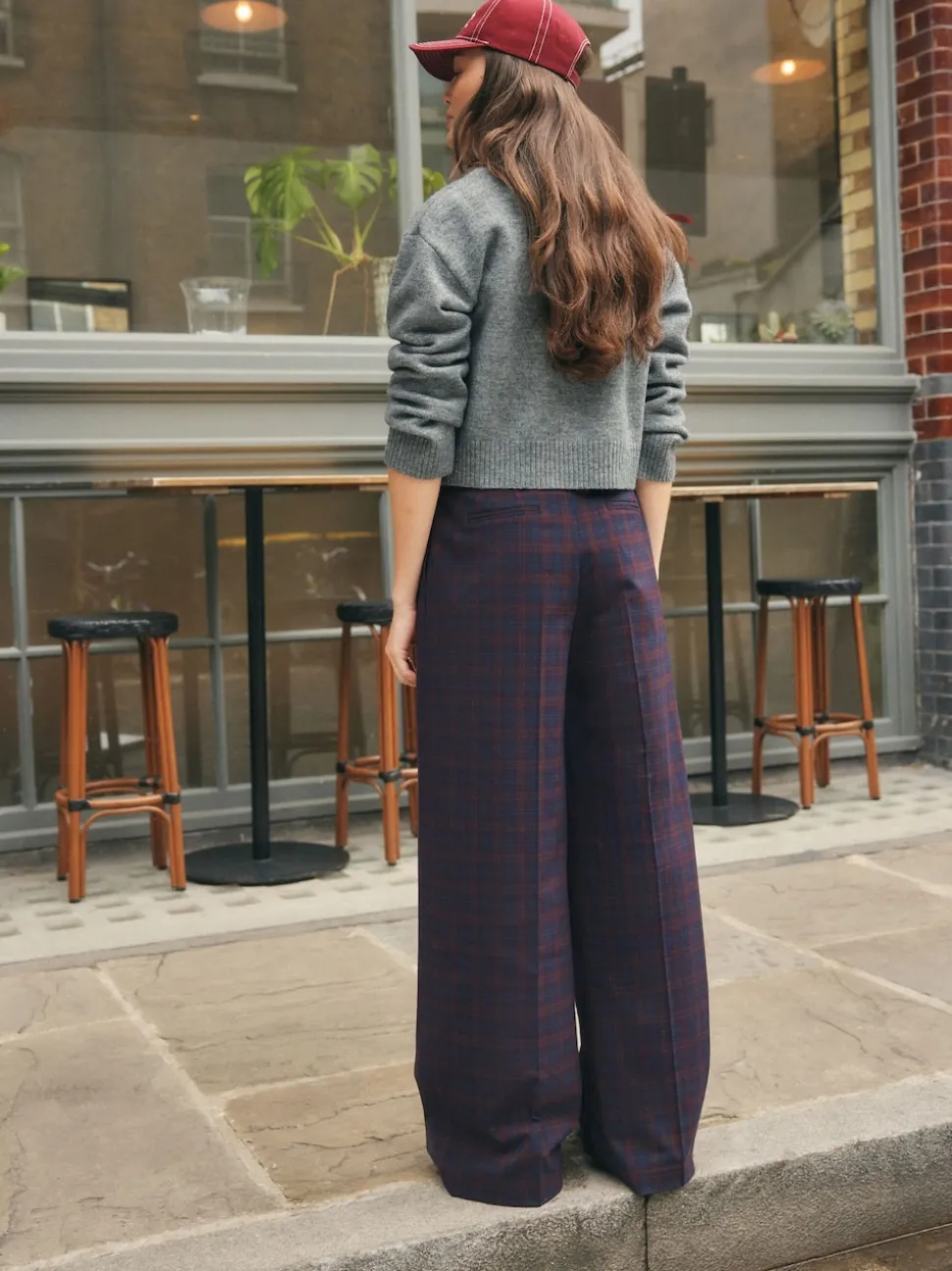 Rouge Bordeaux/Bleu Marine À carreaux - Pantalons habillés coupe ample à carreaux