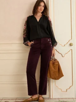 Rouge cerise - Pantalon droit Love & Roses en velours côtelé