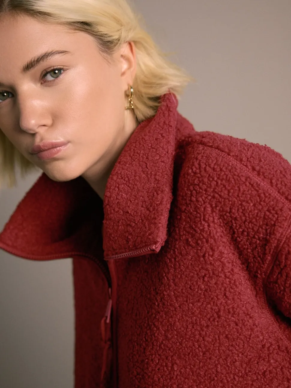 Rouge cerise - Polaire douce en polaire en peau de mouton à col zippé