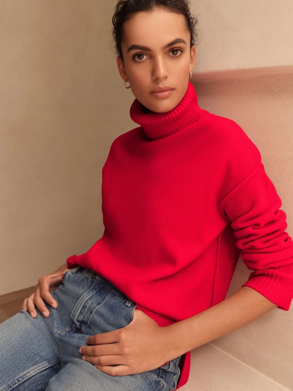 Rouge cerise - Pull 100% laine mérinos N. Premium à col roulé