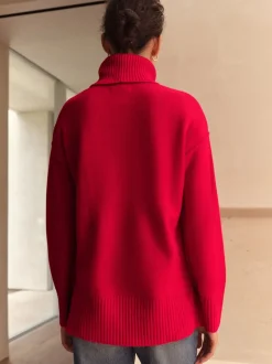 Rouge cerise - Pull 100% laine mérinos N. Premium à col roulé