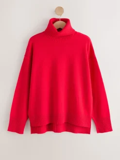 Rouge cerise - Pull 100% laine mérinos N. Premium à col roulé
