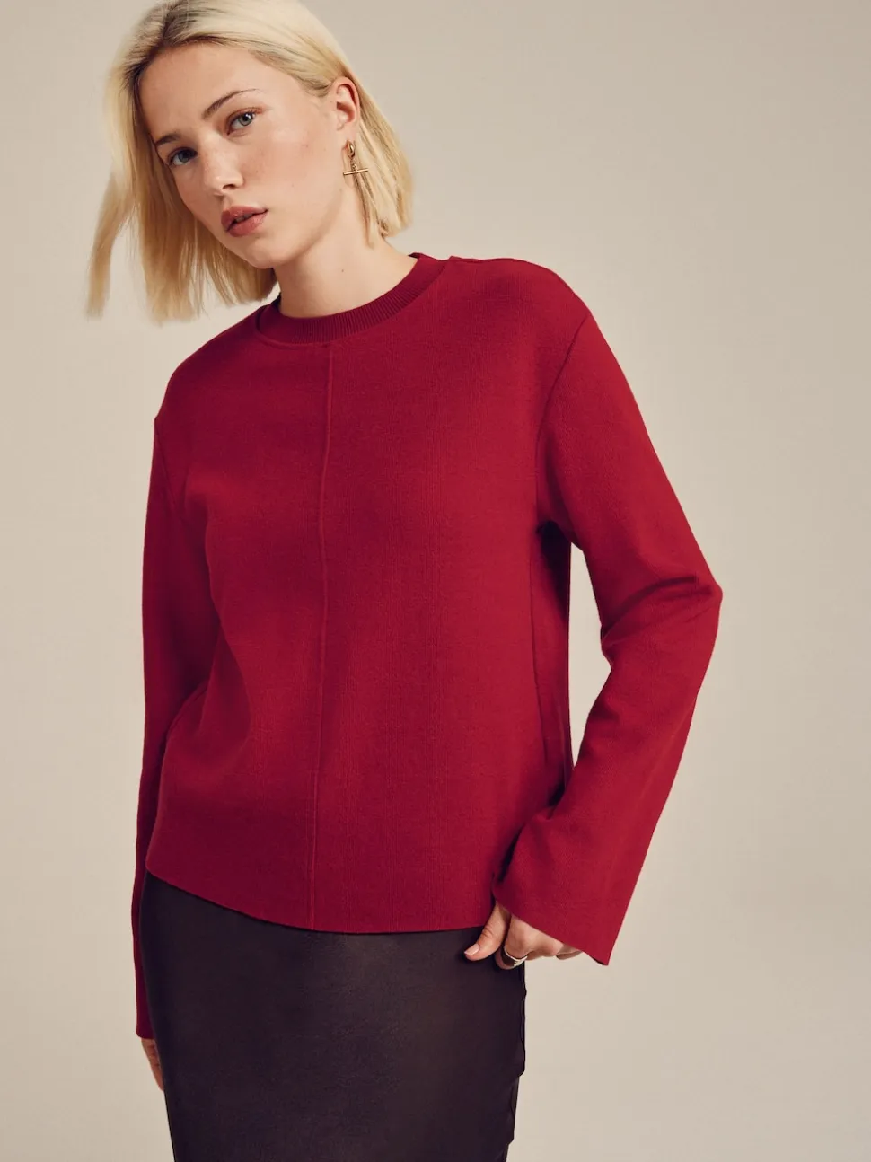 Rouge cerise - Pull côtelé confortable au toucher à col rond
