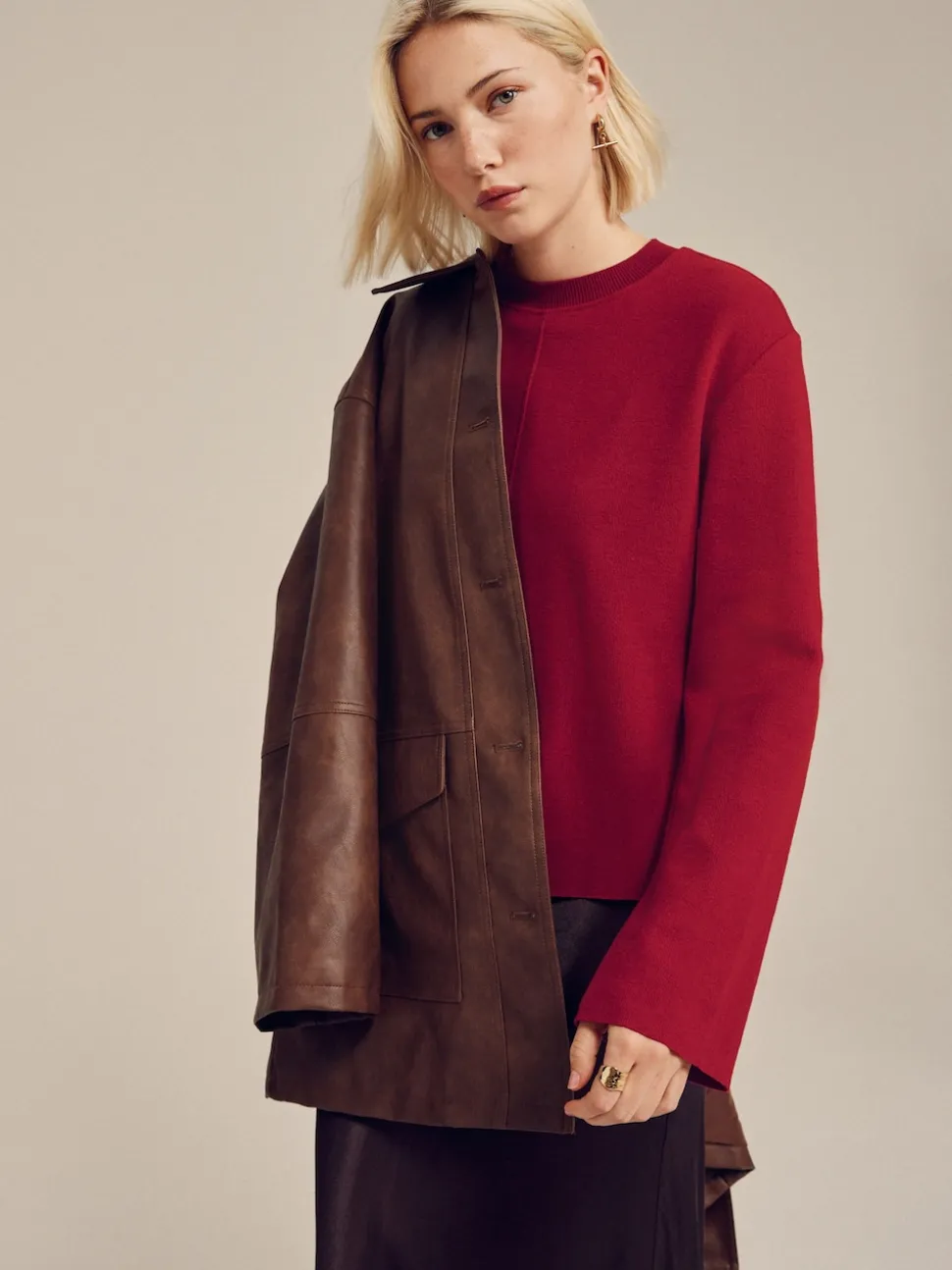 Rouge cerise - Pull côtelé confortable au toucher à col rond