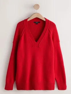 Rouge cerise - Pull long à col en V en coton et laine mélangés