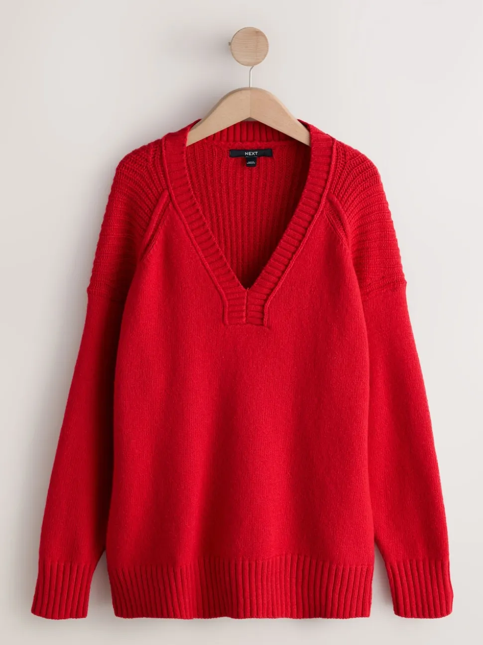 Rouge cerise - Pull long à col en V en coton et laine mélangés