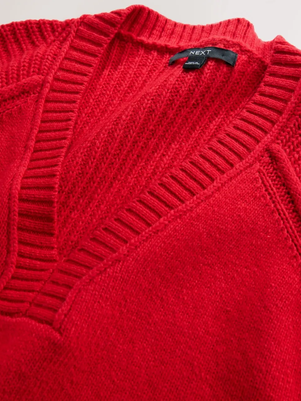 Rouge cerise - Pull long à col en V en coton et laine mélangés