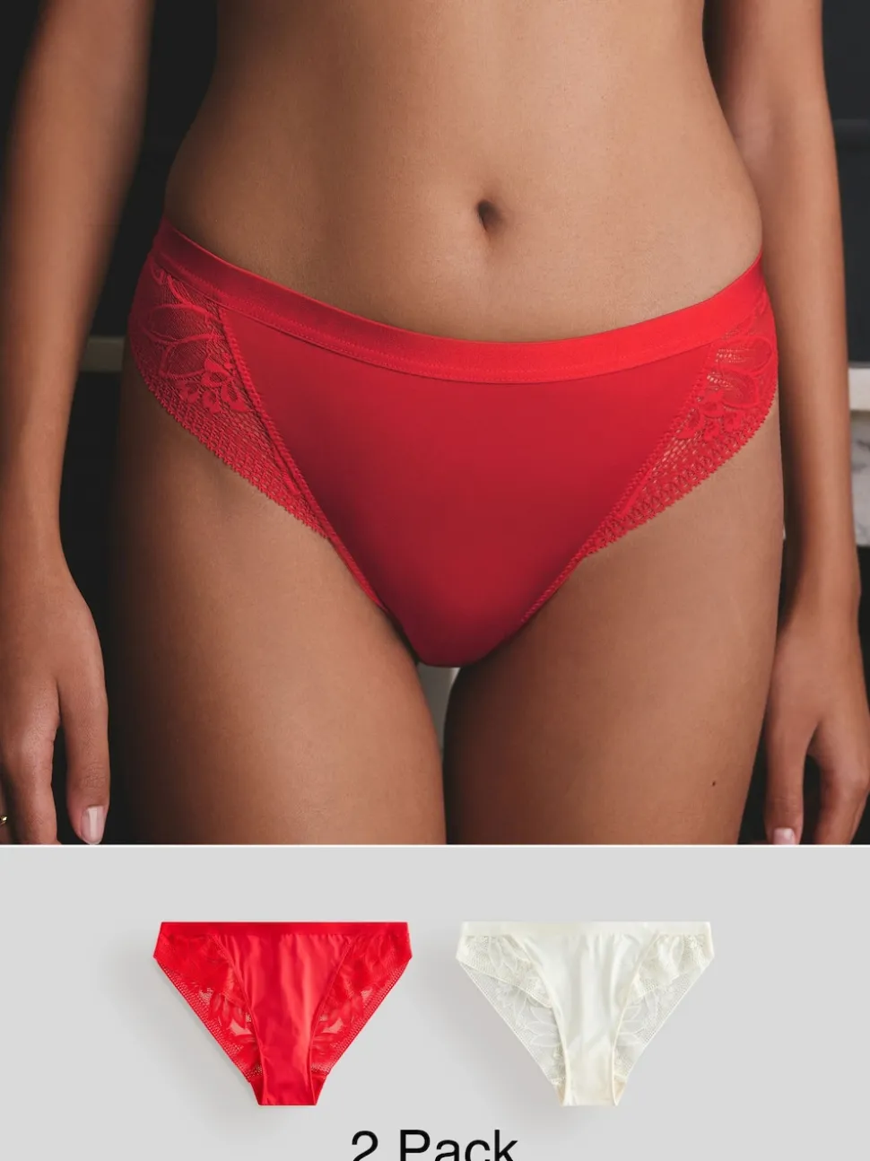 Rouge/crème - Lot de 2 culottes en microfibre et dentelle