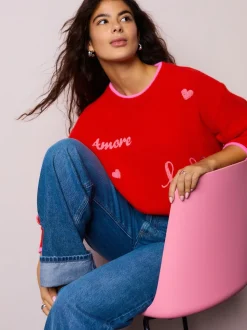 Rouge/Rose - Pull de Saint-Valentin brodé confortable