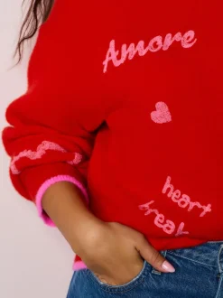 Rouge/Rose - Pull de Saint-Valentin brodé confortable