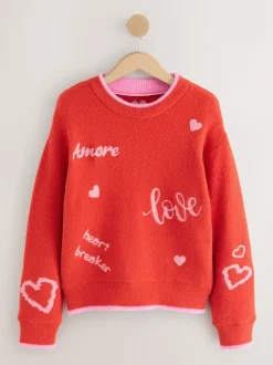 Rouge/Rose - Pull de Saint-Valentin brodé confortable