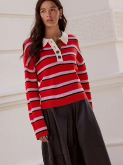 Rouge/rose rayé - 100% laine N.Premium Polo Pull