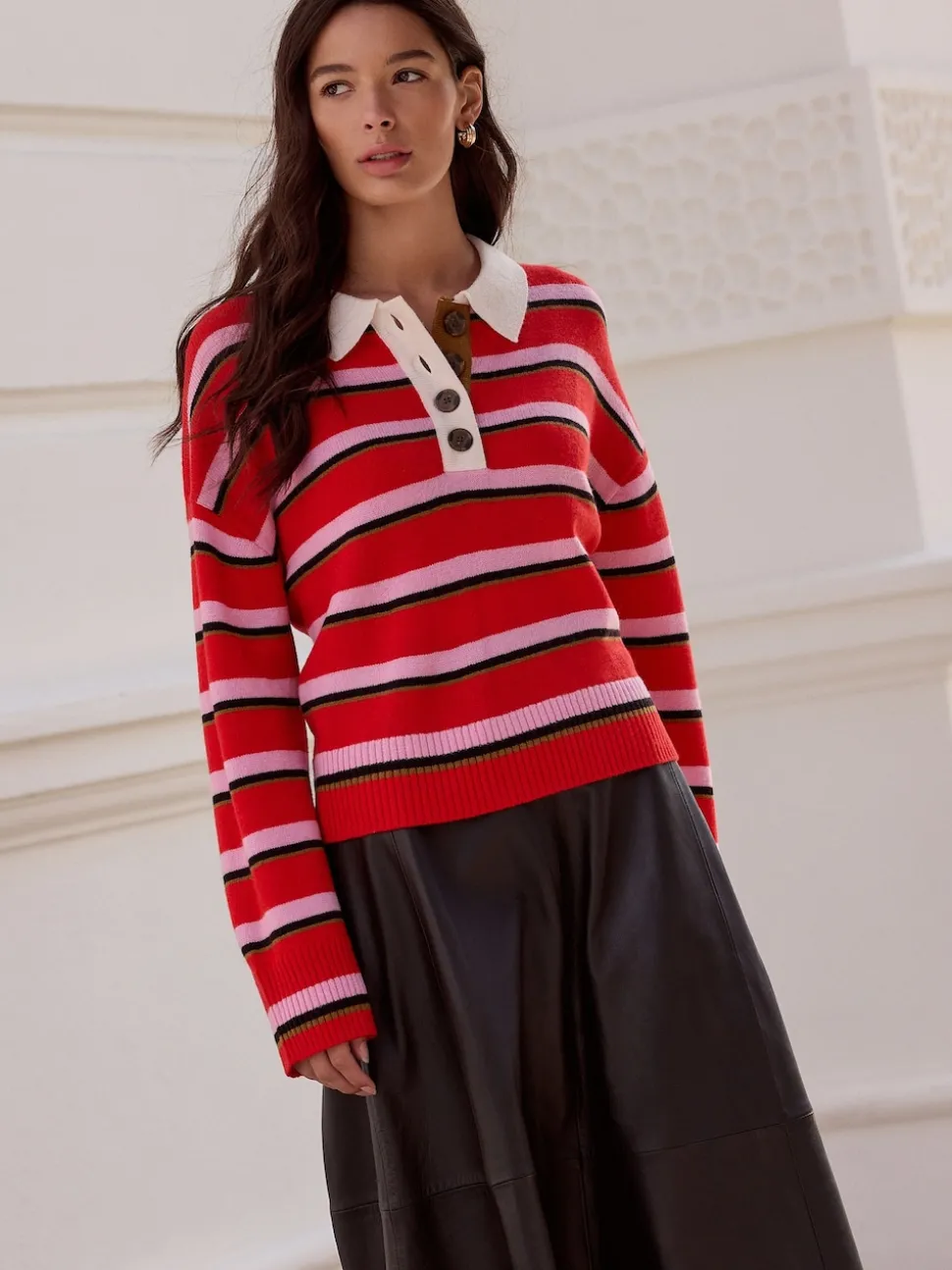Rouge/rose rayé - 100% laine N.Premium Polo Pull