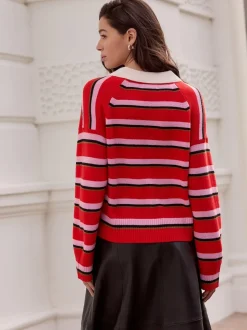 Rouge/rose rayé - 100% laine N.Premium Polo Pull