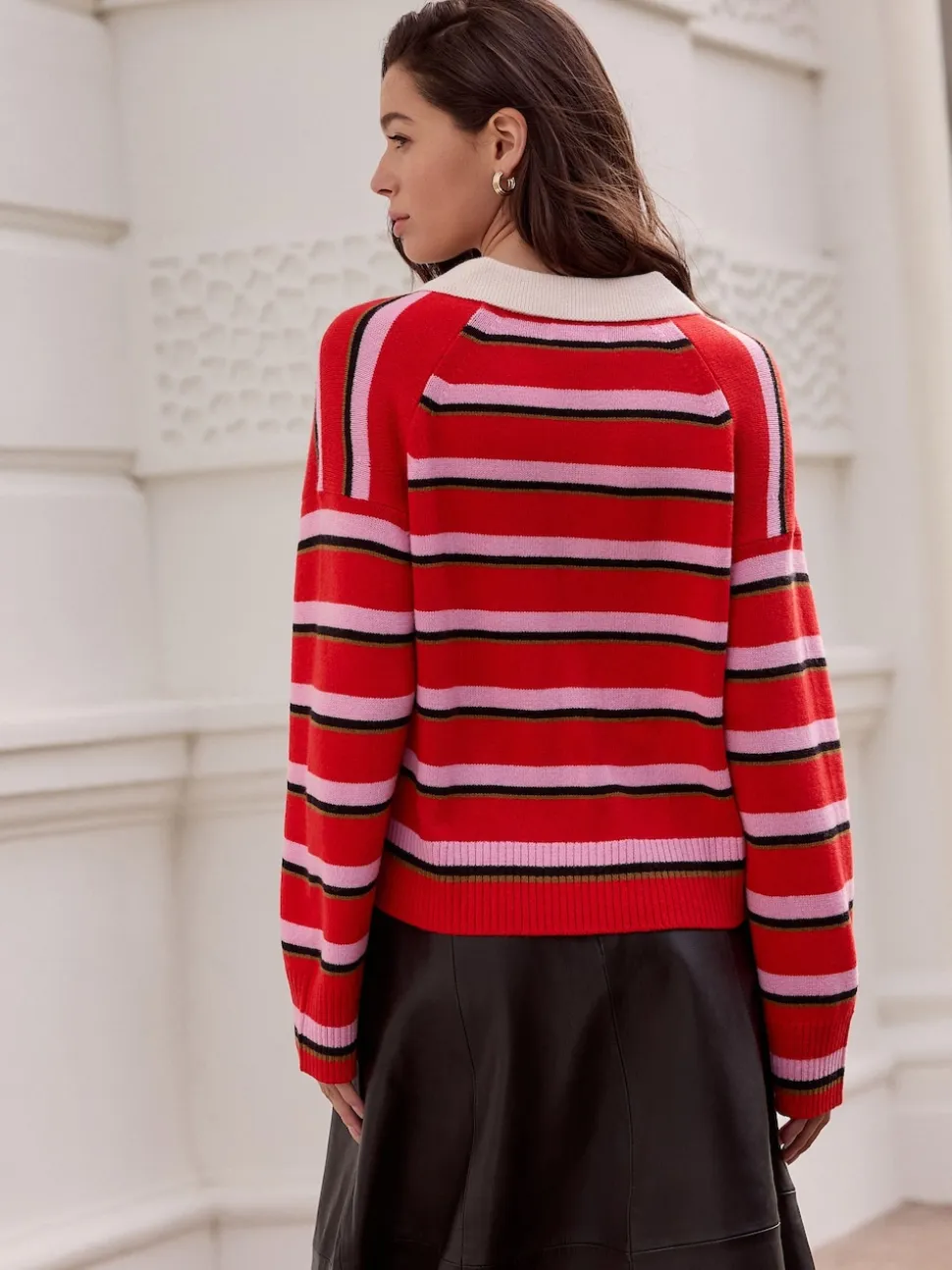 Rouge/rose rayé - 100% laine N.Premium Polo Pull