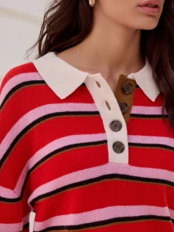 Rouge/rose rayé - 100% laine N.Premium Polo Pull