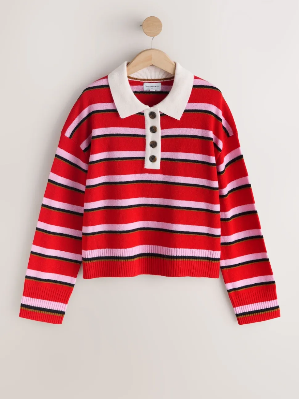 Rouge/rose rayé - 100% laine N.Premium Polo Pull