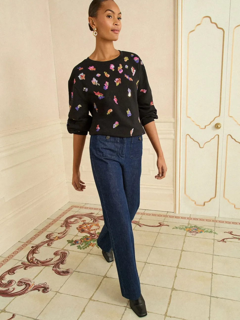 Sequins noirs et multicolores - Sweat-shirt Love & Roses de Noël