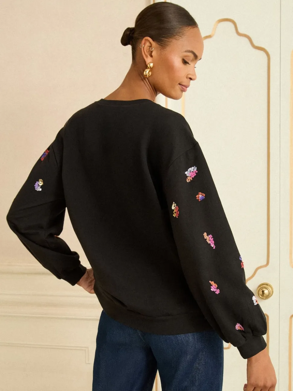 Sequins noirs et multicolores - Sweat-shirt Love & Roses de Noël