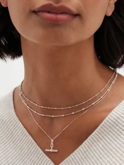 Simply Silver Tone Sterling 925 Polished Double Row Ball Chain Necklace