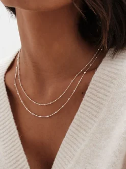 Simply Silver Tone Sterling 925 Polished Double Row Ball Chain Necklace