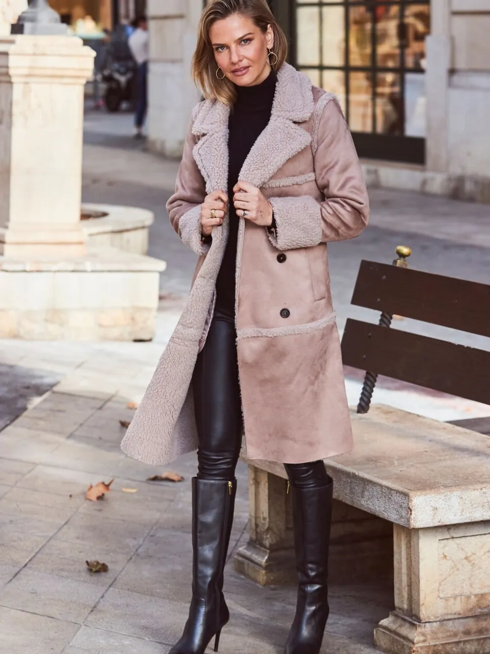 Sosandar Manteau croisé en faux daim et shearling