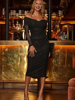 Sosandar Robe mi-longue froncée Sparkle Bardot