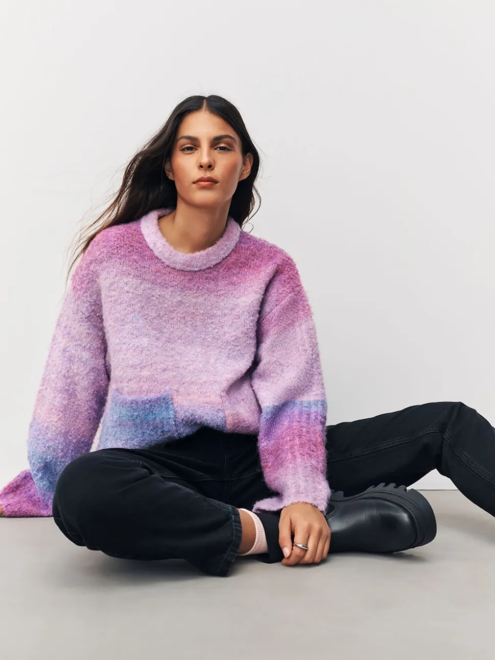 Spacedye rose/violet - Pull col rond bouclé en laine